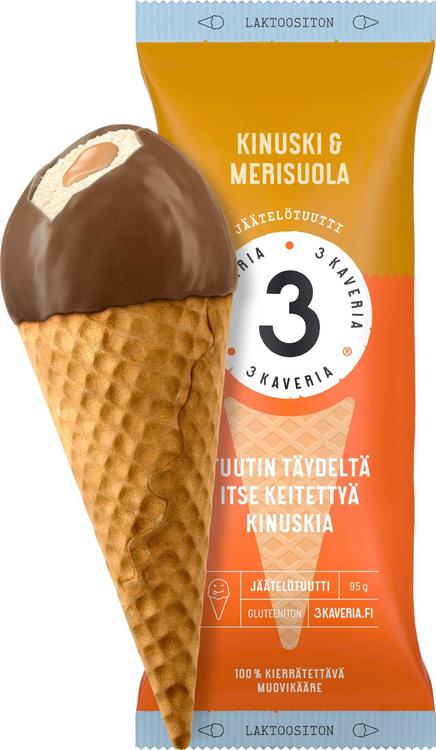 3 Kaveria Laktoositon Kinuski & Merisuola jäätelötuutti 150ml/95g