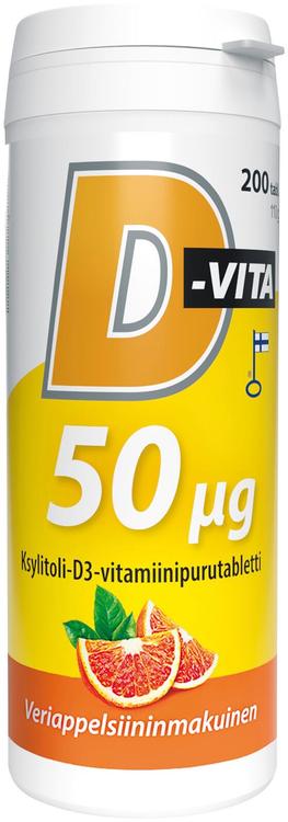 D-Vita 50 µg veriappelsiininmakuinen 200 tabl ksylitoli-D3-vitamiinipurutabletti, Vitabalans