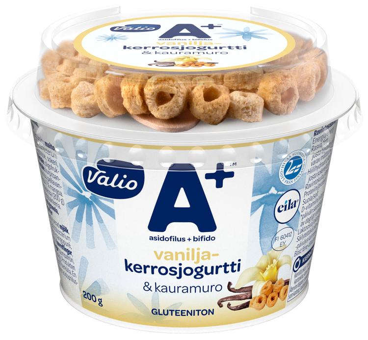 Valio A+™ vaniljakerrosjogurtti ja kauramuro 200 g laktoositon gluteeniton