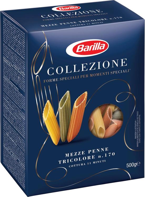 Barilla Collezione Mezze Penne Tricolore n.170 durumvehnäpasta tomaatilla ja pinaatilla 500g