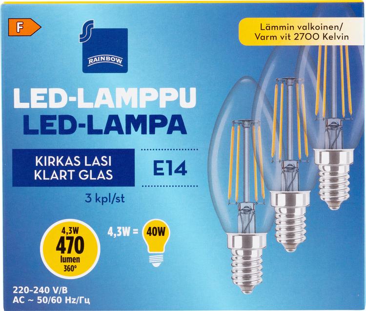 Rainbow LED-kynttilälamppu 4,3W E14 2700K 470lm kirkas lasi 3kpl