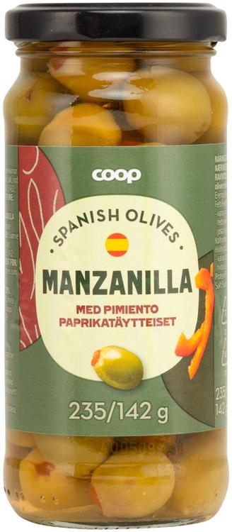 Coop Manzanilla vihreät oliivit paprikatahnatäytteellä 235/142 g