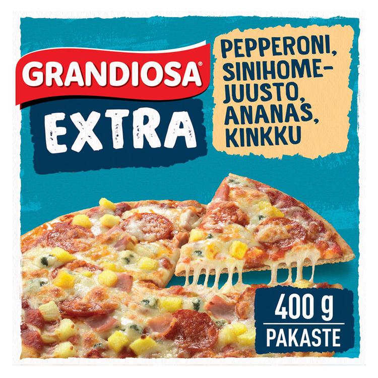 Grandiosa Extra pepperoni, sinihomejuusto, ananas ja kinkku kiviuuni pakastepizza 400g