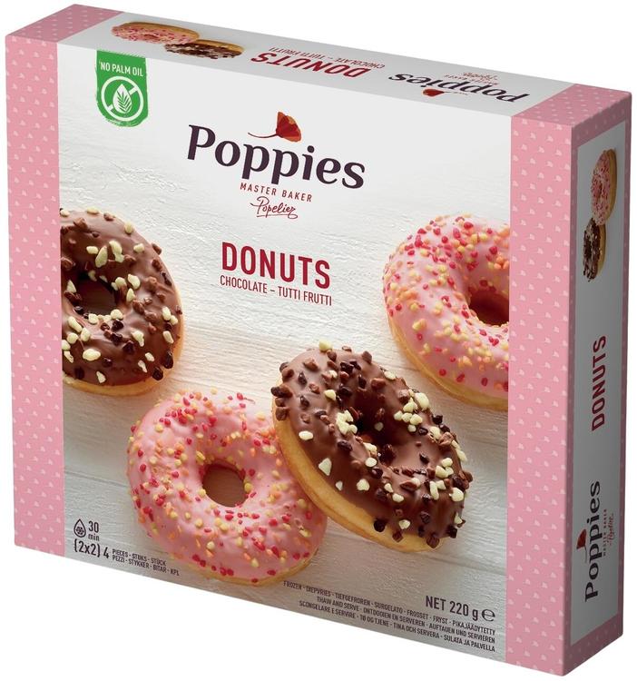 Poppies Donuts suklaa-tuttifrutti  4 kpl 220 g pakaste