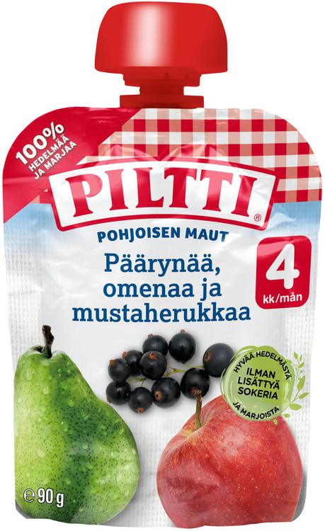 Piltti Pohjoisen maut 90g Päärynää, omenaa ja mustaherukkaa hedelmäsose 4kk annospussi