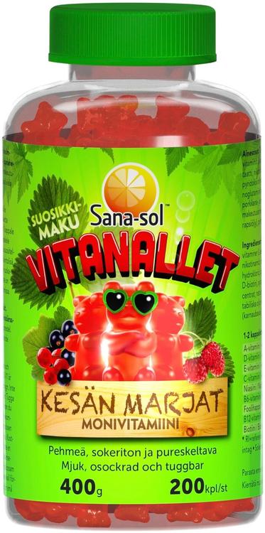 Sana-sol Vitanallet Kesän marjat metsämansikan-/mustaherukan-/punaherukanmakuinen pehmeä, sokeriton ja pureskeltava monivitamiinivalmiste ravintolisä 200kpl