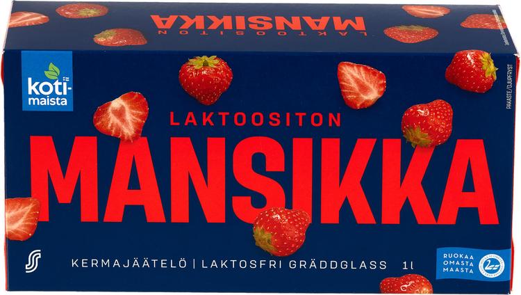 Kotimaista laktoositon kermajäätelö kotipakkaus mansikka 1L/520g