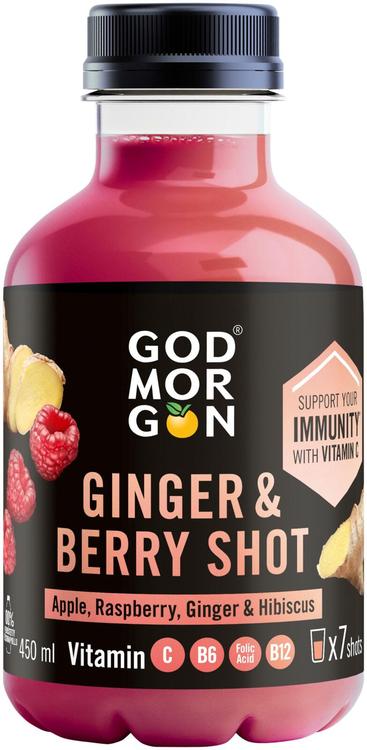 God Morgon Omena-vadelma-inkivääri-hibiskus mehushot + vitamiinit C, B6, foolihappo ja B12 450 ml