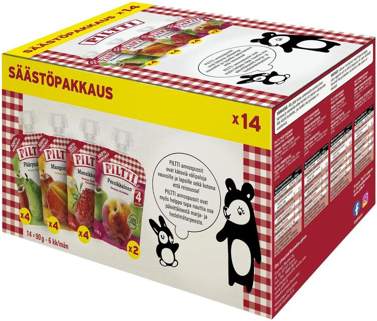 Piltti Hedelmäsoselajitelma 14x90g Omena-päärynäsose, omena-persikkasose, omena-mangosose, omena-, banaani-mansikkasose annospussi