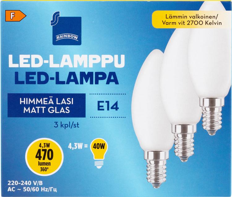 Rainbow LED-kynttilälamppu 4,3W E14 2700K 470lm himmeä lasi 3kpl