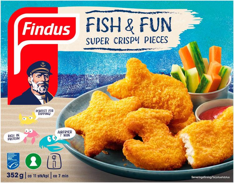 Findus Fish & Fun Muotoiltu paneroitu kalafilee MSC 352g, esikypsennetty pakaste