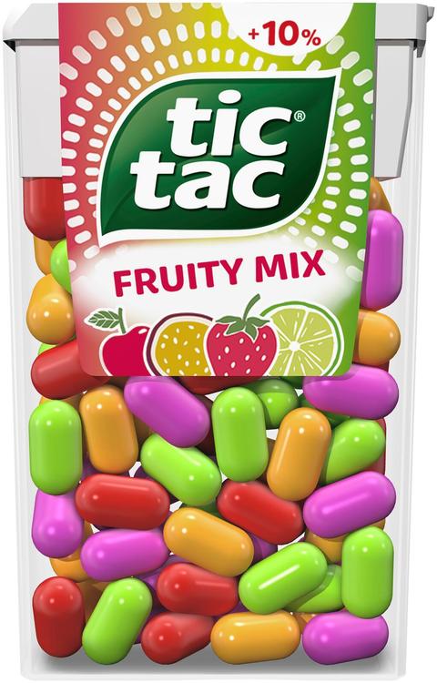 Tic Tac 54g hedelmänmakuisia pastilleja makuina kirsikka, passionhedelmä, sitruuna-lime, mansikka-minttu.