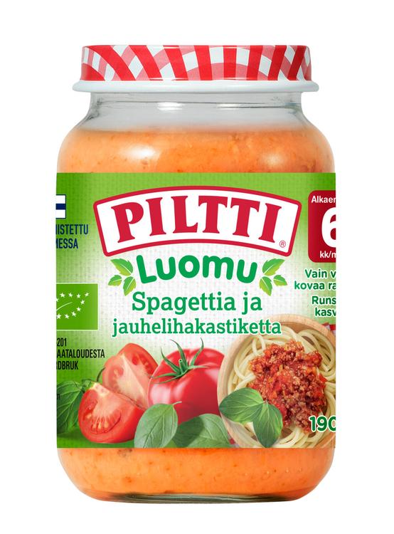 Piltti Luomu 190g Spaghettia ja jauhelihakastiketta lastenateria 6kk