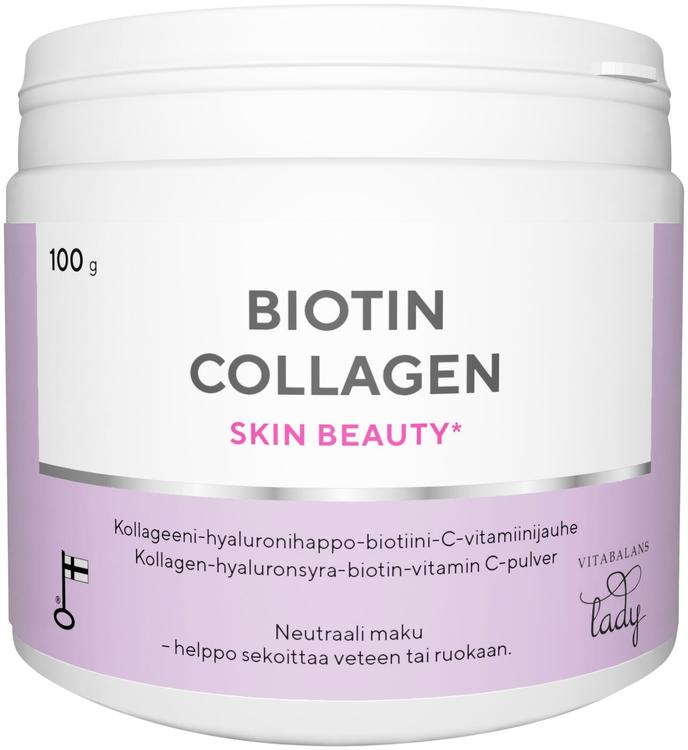 Biotin Collagen 100 g., kotimainen kollageeni-hyaluronihappo-biotiini-C-vitamiini jauhe,  Vitabalans