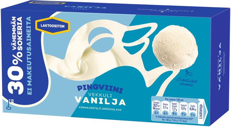 Pingviini Vanilja Vähemmän sokeria Laktoositon kermajäätelö kotipakkaus 490g/1L