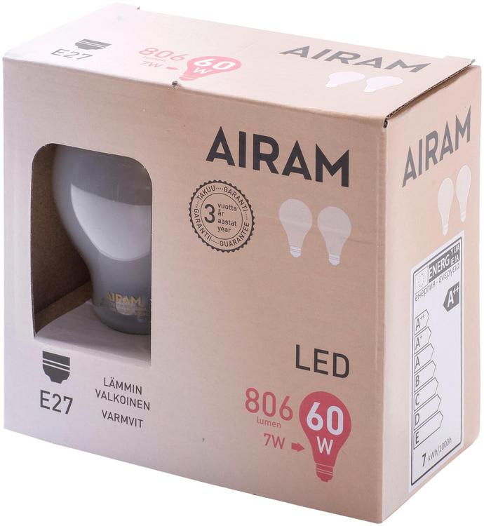 Airam Led himmeä 7W vakio E27 2700K 806lm 12 000h 2pack