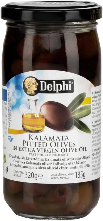 Delphi 340/185g kalamataoliivi kivetön oliiviöljyssä