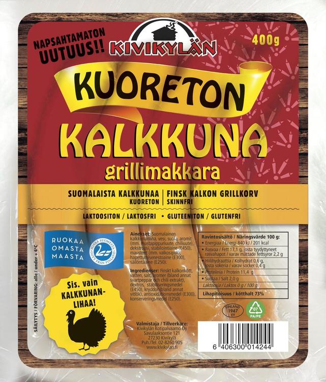 Kivikylän kuoreton kalkkuna grillimakkara