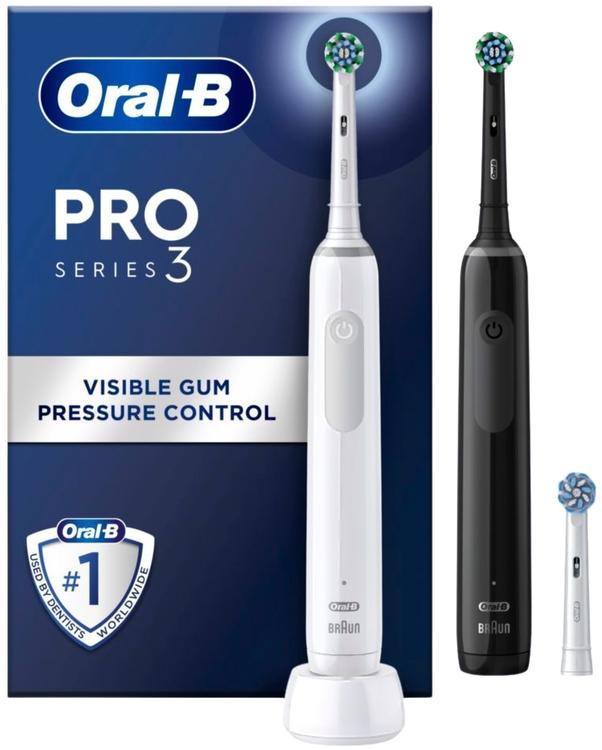 Oral-B Pro Series 3 -kaksoispakkaus, Black & White Sähköhammasharjat, 3 harjaspäätä, Designed By Braun