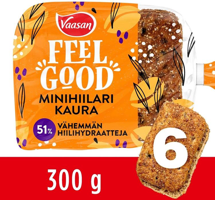 Vaasan Feel Good Minihiilari Kaura 300g 6 kpl vähähiilihydraattinen kauraleipä