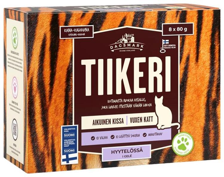 Dagsmark TIIKERI kotimainen kissan täysravinto kanaa ja kalkkunaa hyytelössä 8 x 80 g