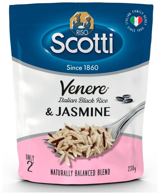 Riso Scotti esikeitetty jasmiiniriisi ja esikeitetty musta venere-kokojyväriisi 230 g