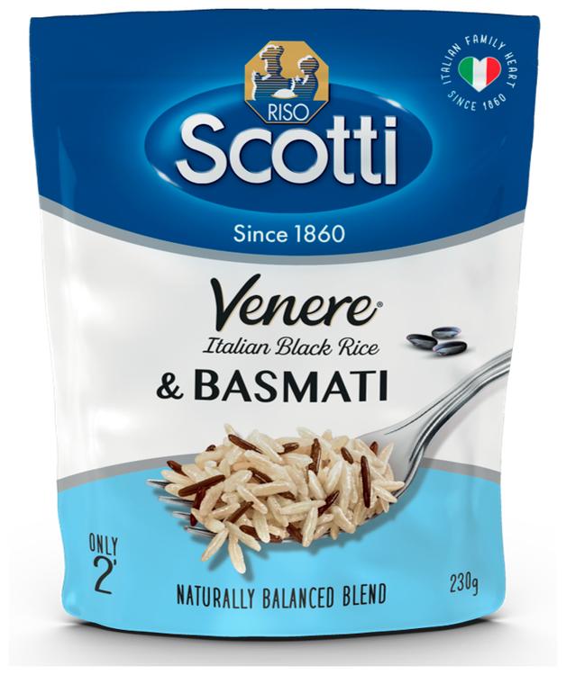 Riso Scotti esikeitetty basmatiriisi ja esikeitetty musta venere-kokojyväriisi 230 g